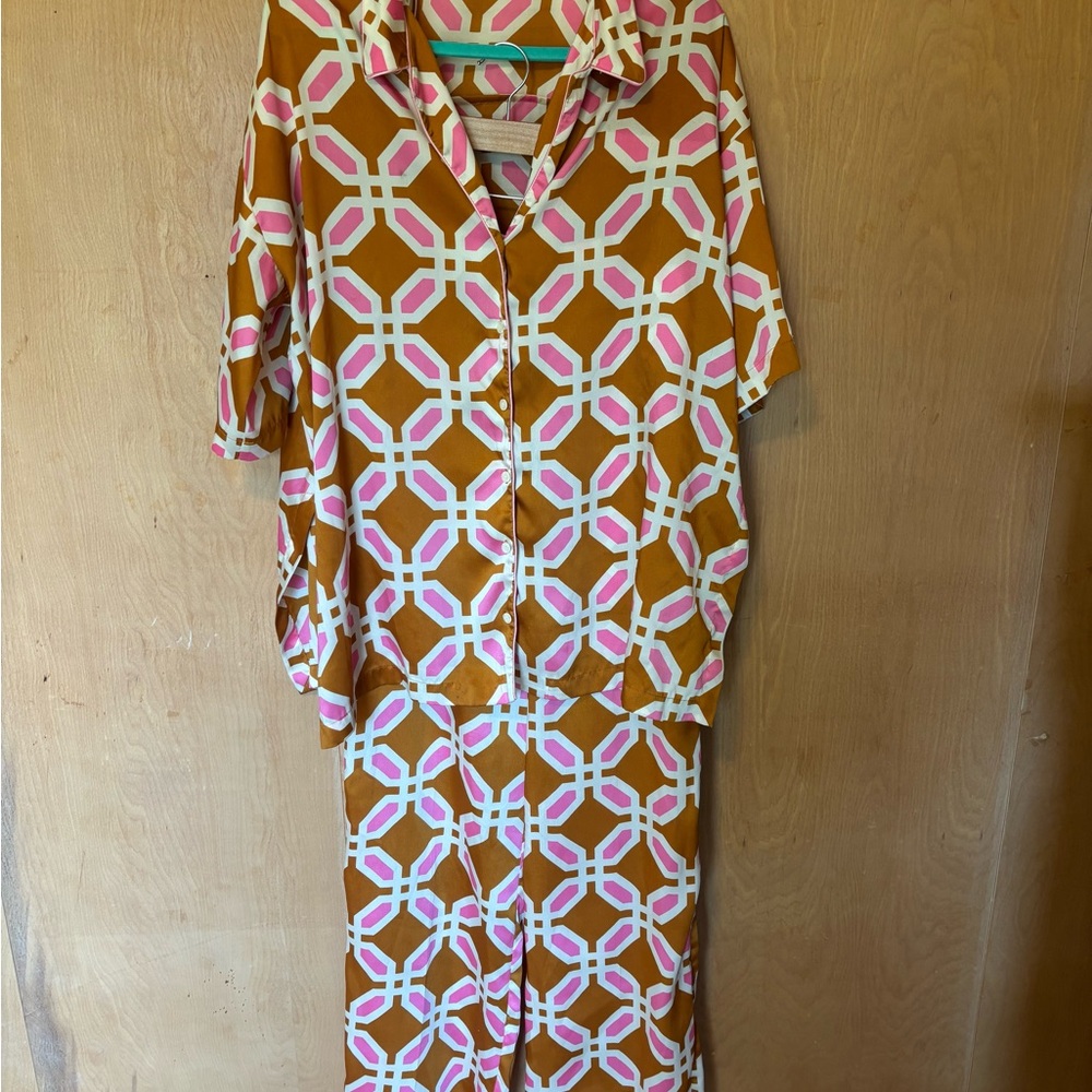 Zara Pajama Set in Pink and Brown Geometric Pattern